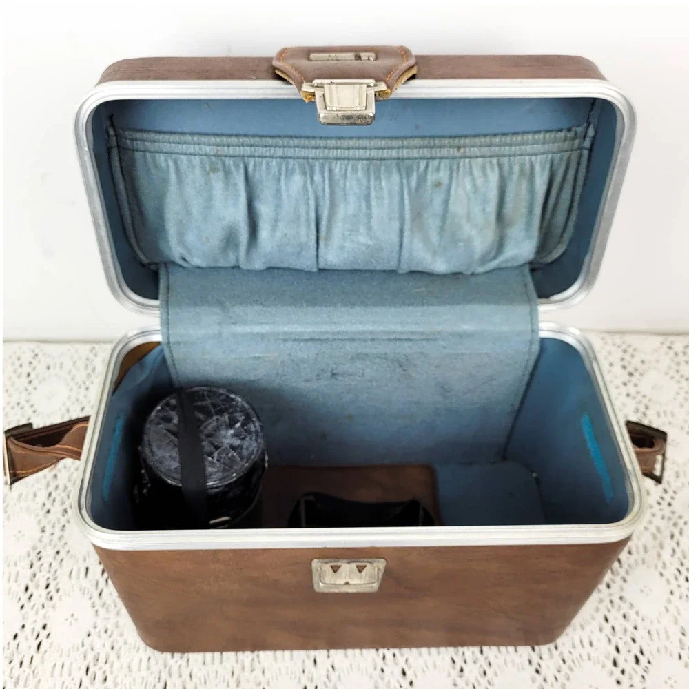 Vintage 1960s / 1970s Brown Faux Leather Camera Carrying Case Bag & Lens Case